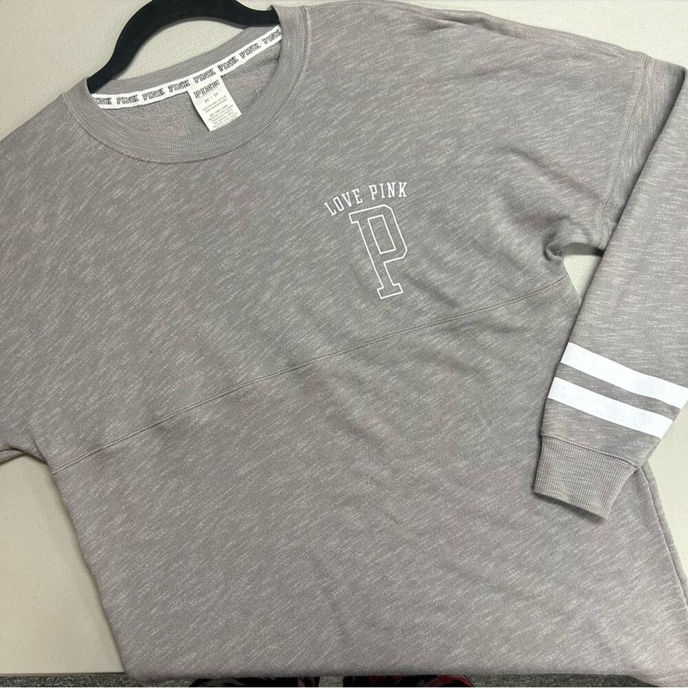 Love Pink Victoria's Secret Long Sleeve Tee Spirit Jersey Shirt Gray White NWT